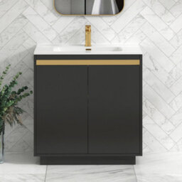 Royal Bathrooms Orion 800mm Matt Obsidian Black 2 Door Floor Standing Vanity Unit With Ceramic Basin & Brushed Brass Strip - thumbnail 1