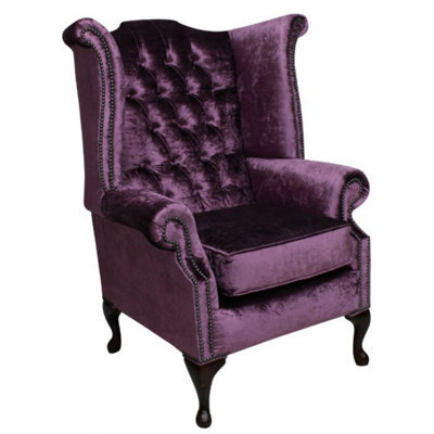 Chesterfield High Back Wing Chair Shimmer Grape Velvet Bespoke In Queen Anne Style
