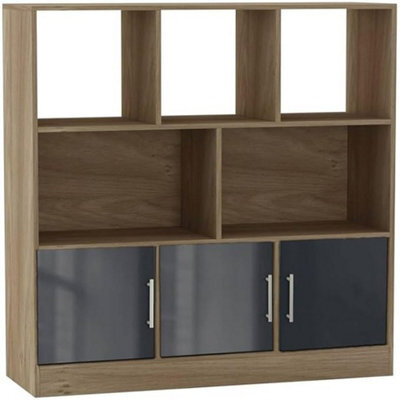 Urbn-Living Urbnliving Black Gloss Door Oak Bookcase With 8 Asymmetrical Cubes Freestanding Storage Unit - image 1