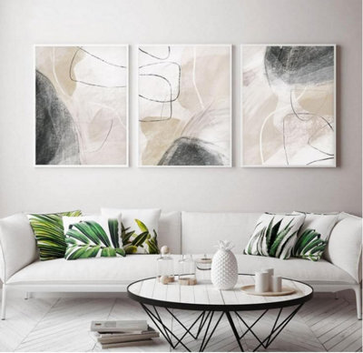 Set Of 3 Black Grey Canvas Painting Posters And Prints Modern Art Pictures Home Living Room Wall Decoration Framed 30 X 40 Cm