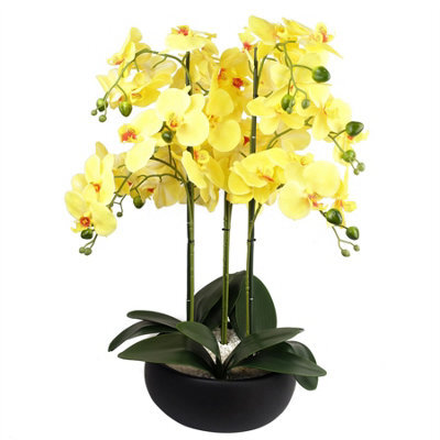 Leaf 60Cm Orchid Artificial Yellow - Black Ceramic Planter - image 1