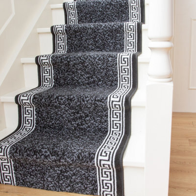 Loomed Black Geometric Bordered Cut To Measure Stair Carpet Runner 60Cm Wide - image 1