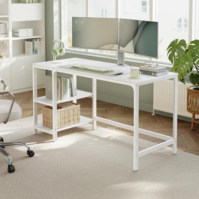 Songmics Writing Desk, Office Table With Dual Shelves, Versatile Workstation For Home Or Office, Modern, Steel Frame, Maple White - image 1