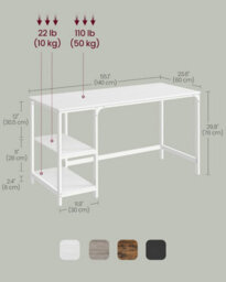 Songmics Writing Desk, Office Table With Dual Shelves, Versatile Workstation For Home Or Office, Modern, Steel Frame, Maple White - thumbnail 2