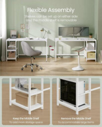 Songmics Writing Desk, Office Table With Dual Shelves, Versatile Workstation For Home Or Office, Modern, Steel Frame, Maple White - thumbnail 3