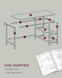 Songmics Writing Desk, Office Table With Dual Shelves, Versatile Workstation For Home Or Office, Modern, Steel Frame, Maple White - thumbnail 5
