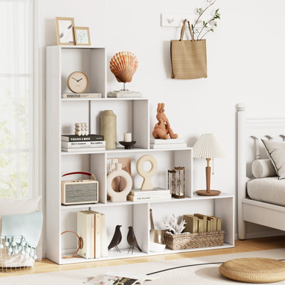 Costway 4-Tier Stepped Bookshelf Modern Ladder Bookcase W/ 6 Storage Cubes-White - image 1
