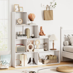Costway 4-Tier Stepped Bookshelf Modern Ladder Bookcase W/ 6 Storage Cubes-White - thumbnail 1