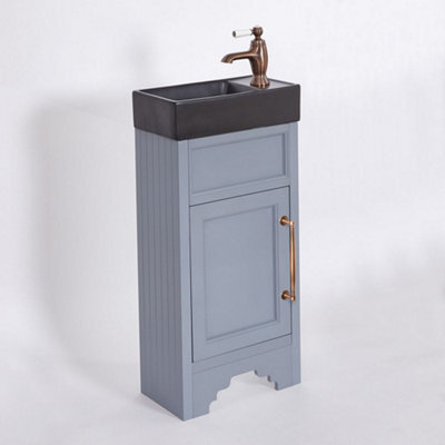 Homestylestore Light Grey 400mm Bathroom Vanity Unit With Black Basin And Aged Bronze T Bar Handles - image 1