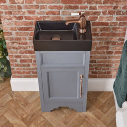 Homestylestore Light Grey 400mm Bathroom Vanity Unit With Black Basin And Aged Bronze T Bar Handles - thumbnail 2