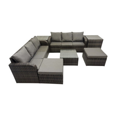 Fimous Rattan Garden Outdoor Furniture Set 3 Seater Sofa Square Coffee Table Set With 2 Big Stools 2 Side Table Dark Grey Mixed - image 1