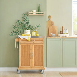 Sobuy Fkw13-N, Bamboo Kitchen Cabinet, Kitchen Storage Trolley Cart With Stainless Steel Surface, W75Xd45.7Xh91 - thumbnail 2