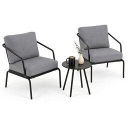 3 Piece Outdoor Bistro Set Round Side Table & 2 Armchairs With Padded Cushions - thumbnail 1