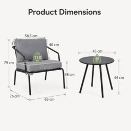 3 Piece Outdoor Bistro Set Round Side Table & 2 Armchairs With Padded Cushions - thumbnail 2