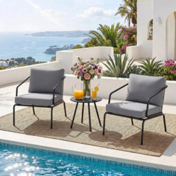 3 Piece Outdoor Bistro Set Round Side Table & 2 Armchairs With Padded Cushions - thumbnail 6
