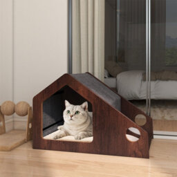 Costway Modern Cat House With Feeder Wooden Indoor Cat Condo Pet Hideaway Shelter - thumbnail 1