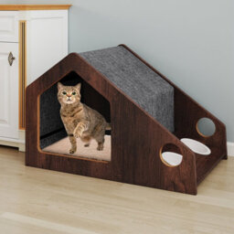 Costway Modern Cat House With Feeder Wooden Indoor Cat Condo Pet Hideaway Shelter - thumbnail 7