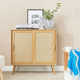 Beliani Light Brown Rattan Sideboard Two Door Storage Cabinet W80 X D35 X H80Cm - thumbnail 2