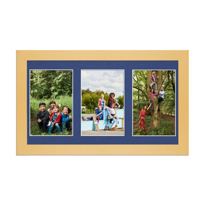AK Frames 40X20Cm Mustard Yellow Modern Multi Photo Frame With Blue Mount - Holds 3 Apertures (3X) 6X4 Photos - image 1