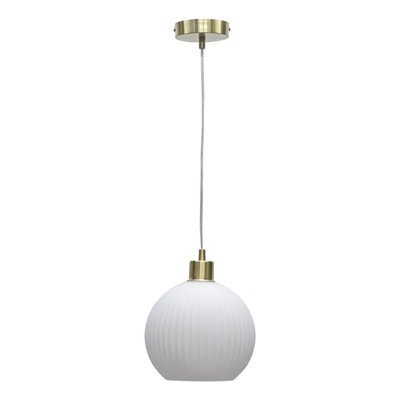 First Choice Lighting Betchley - White Ribbed Glass Globe With Satin Brass Pendant Fitting - image 1