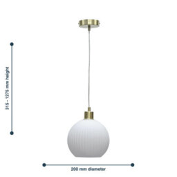 First Choice Lighting Betchley - White Ribbed Glass Globe With Satin Brass Pendant Fitting - thumbnail 8