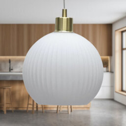First Choice Lighting Betchley - White Ribbed Glass Globe With Satin Brass Pendant Fitting - thumbnail 3