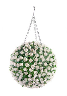 Pair Of Best Artificial 28Cm White Ivory Rose Hanging Flower Topiary Ball - Suitable For Outdoor Use - Weather & Fade Resistant - image 1