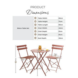 Furniturebox Cabo Garden Bistro Set, 2 Seat Metal Garden Table & Chairs Bistro Table Set, Balcony Outdoor Patio Bistro Set - Pink - thumbnail 8