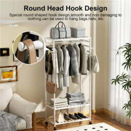 White Movable Wood Garment Rack Clothes Stand Hall Tree Hanging Dress - thumbnail 4
