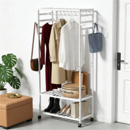 White Movable Wood Garment Rack Clothes Stand Hall Tree Hanging Dress - thumbnail 1