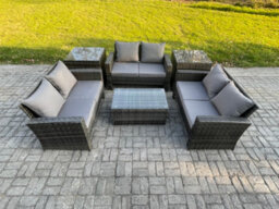 Fimous Dark Grey 6 Seater Outdoor Rattan Garden Furniture Set Patio Love Sofa Rectangular Coffee Table Set With 2 Side Tables - thumbnail 2