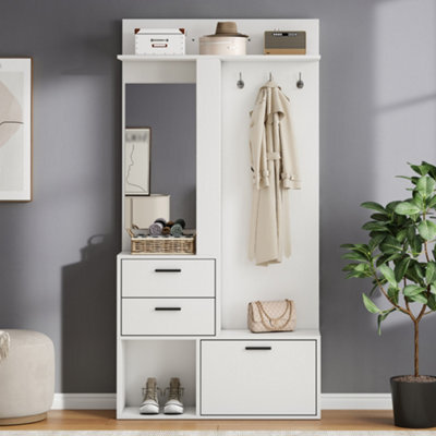Matteo Modern White Hallway Hall Tree With Mirror, Shoe Cabinet And Storage - image 1