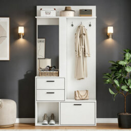 Matteo Modern White Hallway Hall Tree With Mirror, Shoe Cabinet And Storage - thumbnail 3