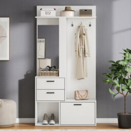 Matteo Modern White Hallway Hall Tree With Mirror, Shoe Cabinet And Storage - thumbnail 1