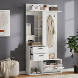 Matteo Modern White Hallway Hall Tree With Mirror, Shoe Cabinet And Storage - thumbnail 5