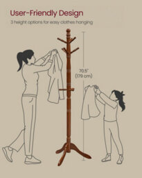 LEDREM Coat Rack Stand, Coat Tree With 10 Hooks For Hats, Bags, Purses, Free Standing For Hallway, Rubberwood, Caramel Brown - thumbnail 6