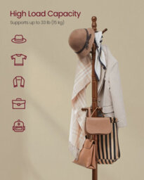 LEDREM Coat Rack Stand, Coat Tree With 10 Hooks For Hats, Bags, Purses, Free Standing For Hallway, Rubberwood, Caramel Brown - thumbnail 4