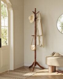LEDREM Coat Rack Stand, Coat Tree With 10 Hooks For Hats, Bags, Purses, Free Standing For Hallway, Rubberwood, Caramel Brown - thumbnail 1