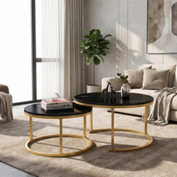Black Set Of 2 Round Nesting Stacking Coffee Side Tables Living Room - thumbnail 6