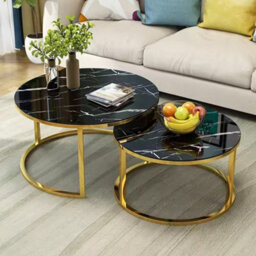 Black Set Of 2 Round Nesting Stacking Coffee Side Tables Living Room - thumbnail 3