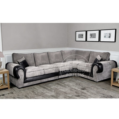 Furnishings For Less UK Large Portland Black And Grey Fabric And Leather Long 5 Seater L Shaped Corner Sofa  Roll Arm Fullback Right Hand Facing