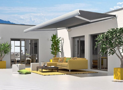 INTROLL Int500 - Full Cassette Retractable Garden Patio Canopy Manual + Electric + Led White Frame - Silver Grey Fabric - 3M X 2.5M - image 1