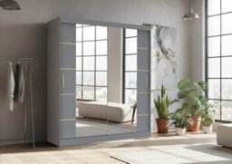 Fhif Dallas Gold 180Cm Grey  Sliding Door Wardrobe Modern Bedroom Storage With Full Length Mirror Shelves And Hanging Rails