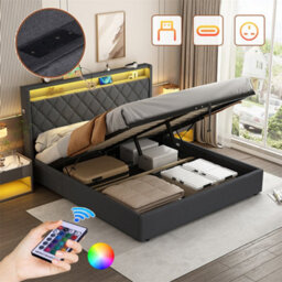 Abrihome 5Ft King Upholstered Bed Frame With Hydraulic Storage And Led Lighting, Button Tufted Headboard With Charging Station, Grey - thumbnail 4