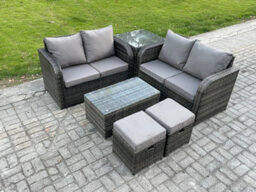 Fimous Outdoor Lounge Sofa Set Rattan Garden Furniture Set With Rectangular Coffee Table 2 Small Footstools Side Table - thumbnail 1