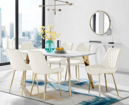 Furniturebox Andria White Marble Effect & Gold Leg Dining Table & 6 Cream Pesaro Gold Leg Velvet Dining Chairs