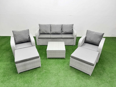 Fimous Pe Rattan Garden Furniture Set Reclining Chair Sofa Lounge Sofa Set Square Coffee Table 2 Big Footstool Light Grey - image 1
