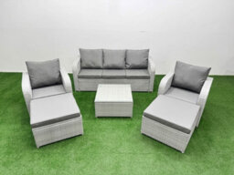 Fimous Pe Rattan Garden Furniture Set Reclining Chair Sofa Lounge Sofa Set Square Coffee Table 2 Big Footstool Light Grey - thumbnail 2