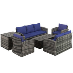 Outsunny 6 Pcs Patio Rattan Sofa Set Conversation Furniture Navy Blue - thumbnail 2