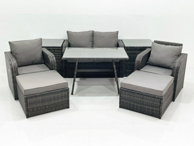 Fimous Outdoor Garden Furniture Set Rattan Sofa Dining Table Set With Reclining Chair 2 Big Footstool Side Tables Dark Grey Mixed - image 1